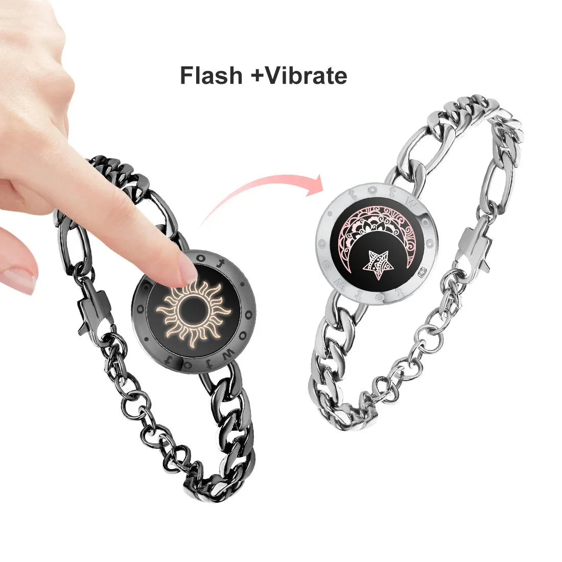 Long Distance Touch Light Up&Vibrate Bracelets for Couples, Long Distance Relationship Gifts Smart Sun&Moon Love Bracelet