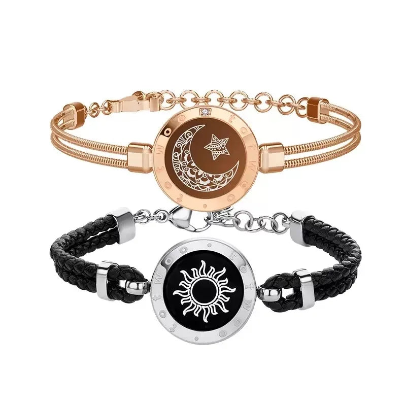 Long Distance Touch Light Up&Vibrate Bracelets for Couples, Long Distance Relationship Gifts Smart Sun&Moon Love Bracelet